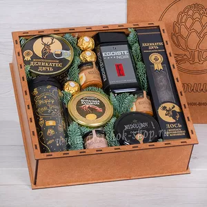 Подарочный новогодний бокс с тушеным мясом косули, колбасой из лося, кофе Egoiste и щупальцами кальмара - №2240